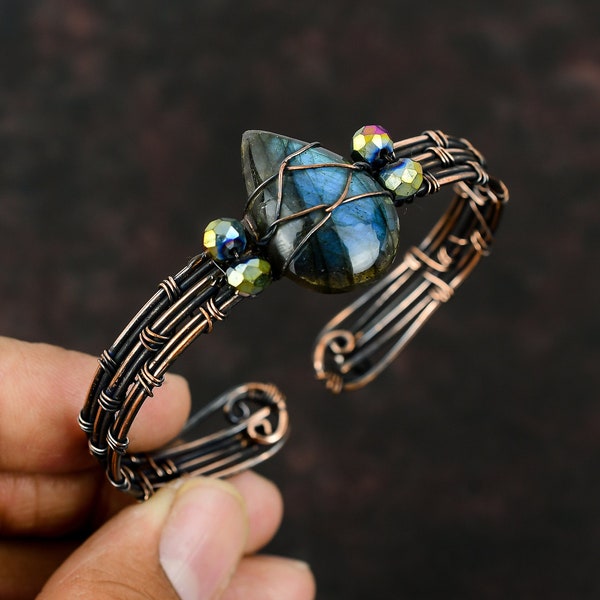 Wire Wrapped Labradorite Cuff Titanium Beads Bracelet Copper Wire Wrapped Jewelry Adjustable Cuff Bracelet Gemstone Jewelry Handmade Bangle