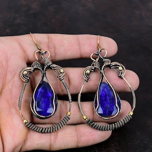 Faceted Blue Sapphire Earring Copper Wire Wrapped Jewelry Gemstone Handmade Earrings Copper Wire Earring Unique Design Jewelry Gift For Her