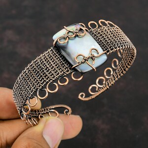 Black Mother Of Pearl Bangle Copper Wire Wrapped Cuff Bracelet Gemstone Adjustable Bangle Handmade Bracelet Gift For Him Copper Wire Jewelry
