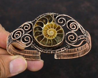 Ammonite Fossil Cuff Bracelet Copper Wire Wrapped Adjustable Bangle Copper Jewelry Handmade Gemstone Bracelet Decent Jewelry Gifts For Women