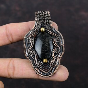 Colgante de obsidiana con brillo plateado, colgante envuelto en alambre de cobre, colgante elegante, joyería de cobre con piedras preciosas, envoltura de alambre hecha a mano, regalo de joyería para mujer