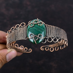 Malachite Cuff Bracelet Copper Wire Wrapped Bangle Handmade Jewelry Adjustable Cuff Bracelet Gemstone Copper Jewelry Stylish Bangle For Gift