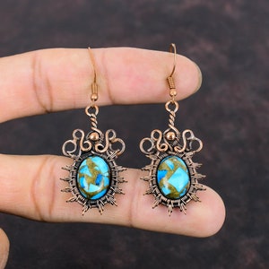 Copper Blue Turquoise Earring Copper Wire Wrapped Earring Real Gemstone Earrings Copper Jewelry Handmade Earring Wire Wrap Jewelry For Gift