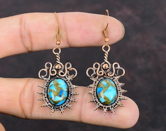Copper Blue Turquoise Earring Copper Wire Wrapped Earring Real Gemstone Earrings Copper Jewelry Handmade Earring Wire Wrap Jewelry For Gift
