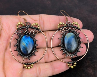 Labradorite Earring Copper Wire Wrapped Earrings Gemstone Jewelry Handmade Earrings Unique Copper Wire Jewelry Gifts For Her Dangle Earrings