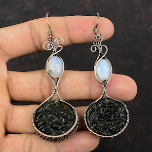 Moldaviet koperen oorbel draad gewikkeld oorbellen regenboog maansteen oorbel handgemaakte sieraden cadeau voor vrouw koperdraad sieraden edelsteen oorbel