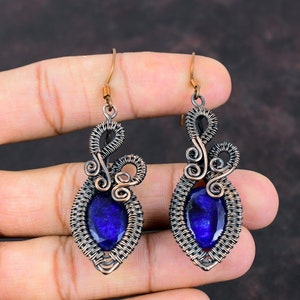Faceted Blue Sapphire Earring Copper Wire Wrapped Handmade Earring Wire Wrap Jewelry Gemstone Copper Jewelry Dangle Earrings Gift For Mother