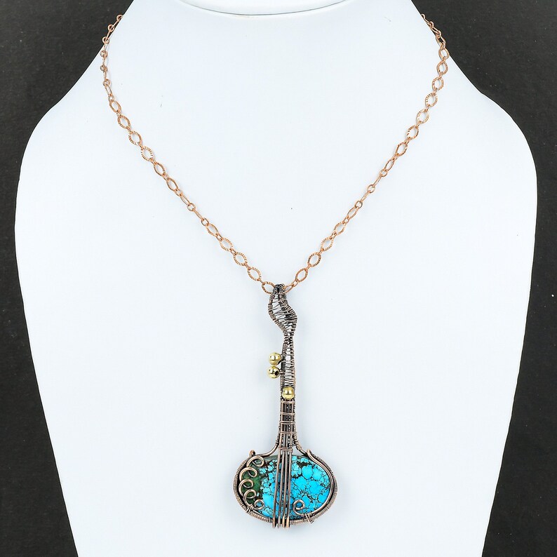 Tibetan Turquoise Pendant Copper Wire Wrapped Pendant Handmade Guitar Pendant Gift Turquoise Gemstone Long Jewelry Music Instrument Jewelry