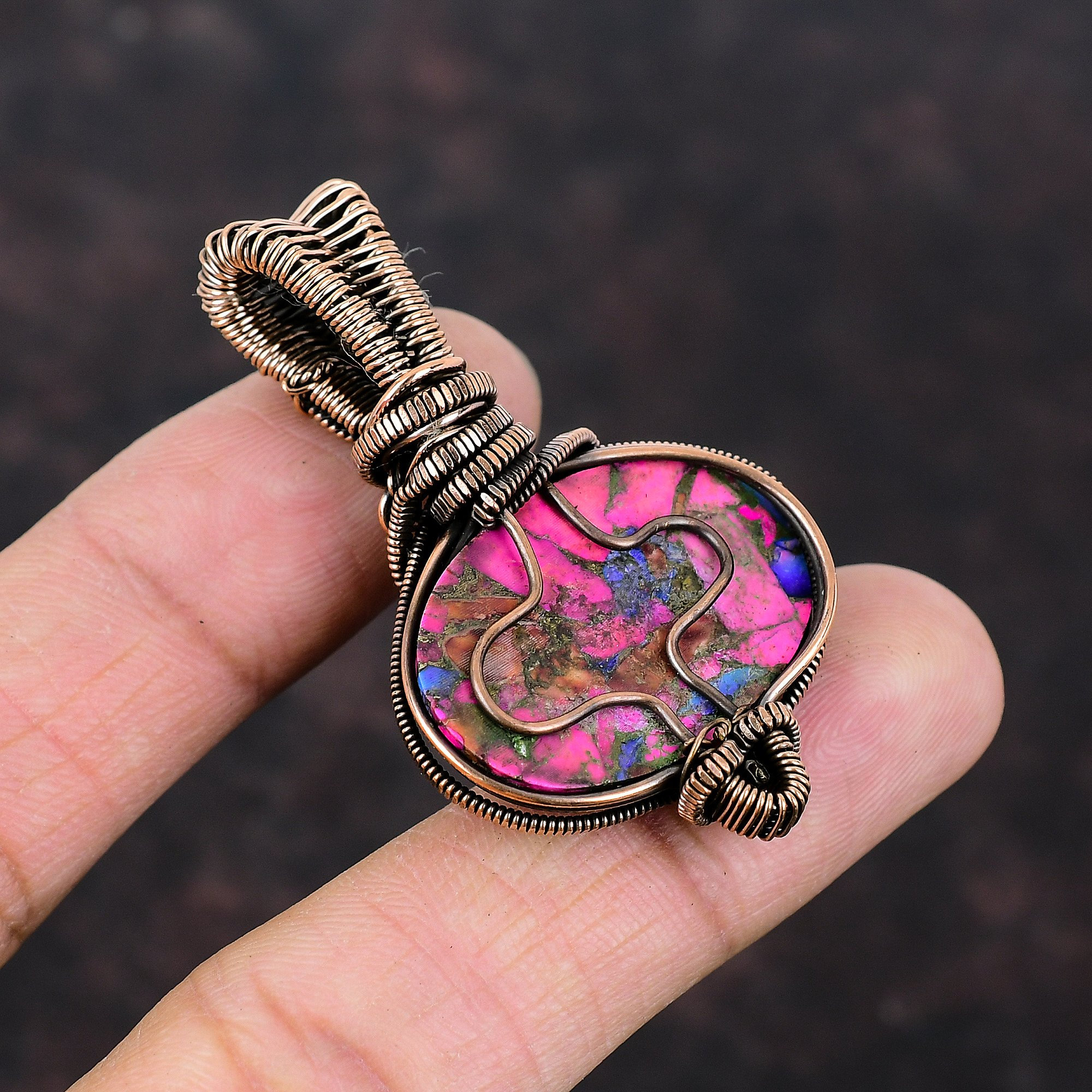 Natural Kingman Pink Dahlia Turquoise Pendant Copper Wire Wrapped