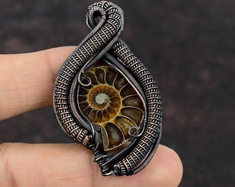 Ammonite Fossil Pendant Copper Wire Wrapped Gemstone Jewelry Copper Pendant Ammonite Fossil Jewelry Handmade Wire Wrap Pendant Gift For Him