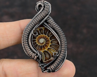 Ammonite Fossil Pendant Copper Wire Wrapped Gemstone Jewelry Copper Pendant Ammonite Fossil Jewelry Handmade Wire Wrap Pendant Gift For Him