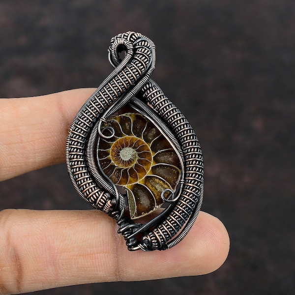 Ammonite Fossil Pendant Copper Wire Wrapped Gemstone Jewelry Copper Pendant Ammonite Fossil Jewelry Handmade Wire Wrap Pendant Gift For Him