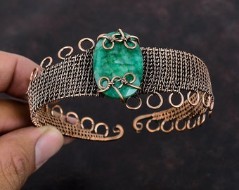 Faceted Zambian Emerald Gemstone Bangle Copper Wire Wrapped Cuff Bracelet Adjustable Bangle Copper Jewelry For Gift Handmade Elegant Bangle