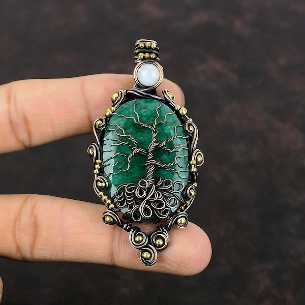 Árbol de la vida facetado Zambian esmeralda colgante alambre de cobre envuelto colgante arco iris piedra lunar colgante hecho a mano joyería de cobre colgante de piedras preciosas