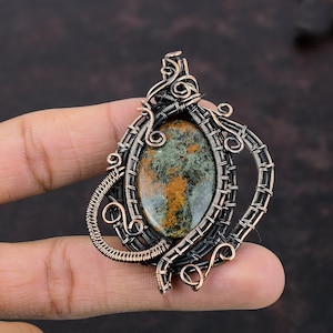 Spessartine Garnet in Limestone Pendant Copper Wire Wrapped Gemstone Pendant Handmade Copper Jewelry Brand New Pendant Wire Jewelry For Gift