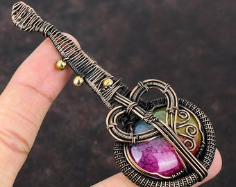 Rainbow Solar Quartz Druzy Copper Pendant Wire Wrapped Jewelry Handmade Pendant Guitar Pendant Copper Jewelry Gift For Her Gemstone Pendant