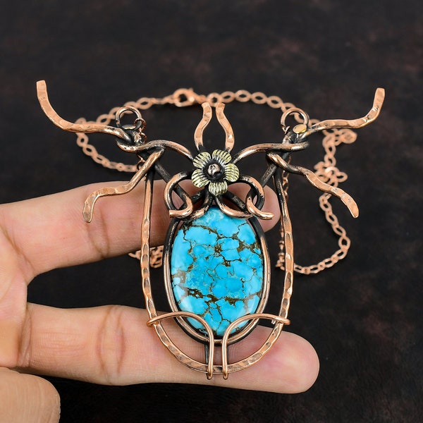 Tibetan Turquoise Copper Necklace Wire Wrapped Necklace Handmade Adjustable Chain Necklace Gemstone Copper Wire Wrap Jewelry Gifts For Women