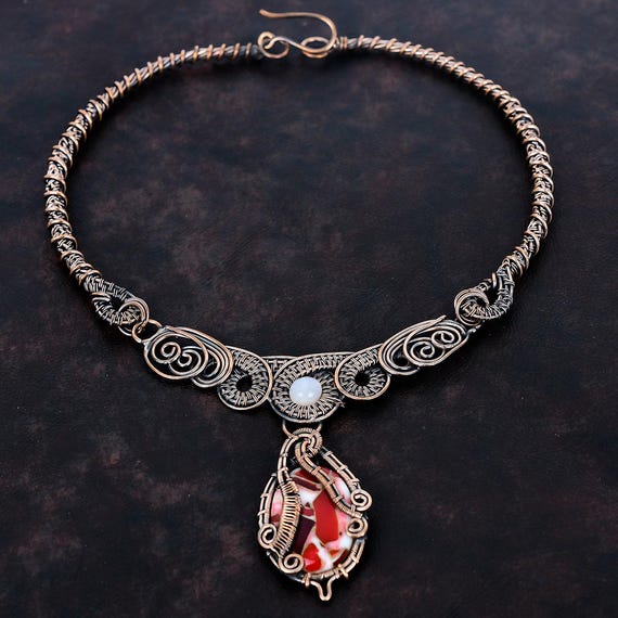 Kingman red mohave copper turquoise necklace copper wire wrapped necklace rainbow moonstone gemstone necklace handmade copper wire jewelry