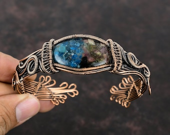 Copper Watermelon Tourmaline Bangle Copper Wire Wrapped Cuff Bracelet Adjustable Bangle Handmade Bangle Gift For Mom Gemstone Copper Jewelry