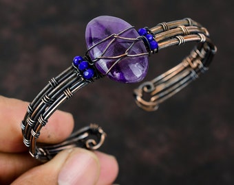 Star Amethyst Cuff Bracelet Lapis Lazuli Beads Bangle Copper Wire Wrapped Jewelry Adjustable Cuff Bracelet Gemstone Jewelry Handmade Bangle