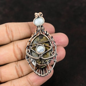Evil Eye Bronzite Gemstone Pendant Copper Wire Wrapped Jewelry Bronzite Jewelry Rainbow Moonstone Evil Eye Pendant Handmade Pendant For Gift
