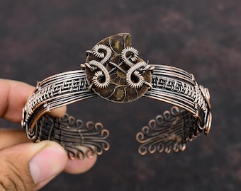 Handmade Copper Wire Wrapped Ammonite Fossil Bangle