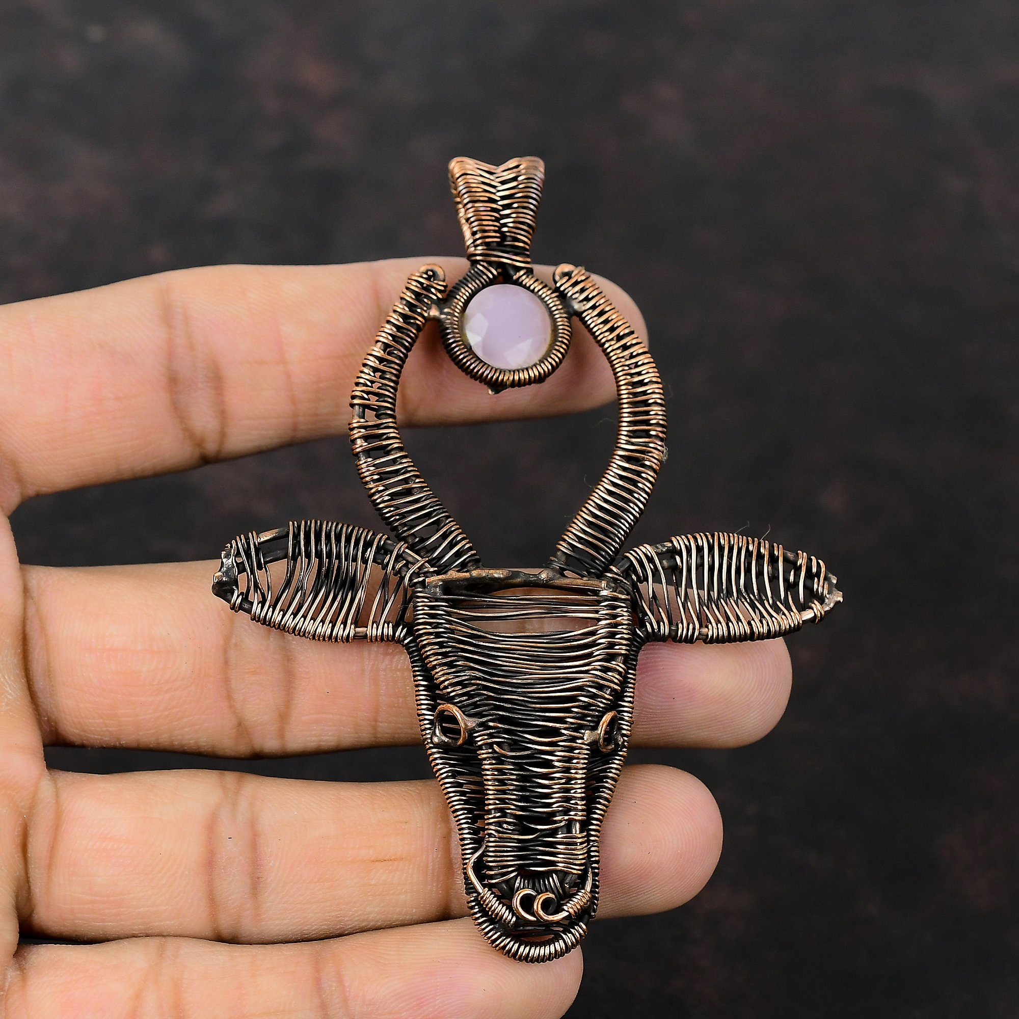 Faceted Pink Chalcedony Pendant Copper Wire Wrapped Pendant Bull Face Pendant Gemstone Jewelry Wedding Gift Handmade Pendant Copper Jewelry