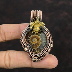 Ammonite Fossil Pendant Copper Wire Wrapped Gemstone Pendant Handmade Copper Jewelry Honey Bee Pendant Unique Wire Wrap Jewelry Gift For Him