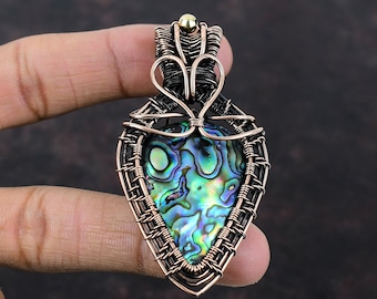 Colgante de concha de abulón con piedras preciosas, envuelto en alambre de cobre, joyería de concha de abulón, hecho a mano, nuevo colgante, regalo para él, joyería de alambre de cobre