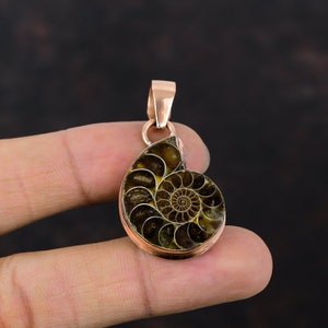 Pode incluir: Um pingente em tom de cobre com um amonite fossilizado com um padrão em espiral em tons de marrom e preto.