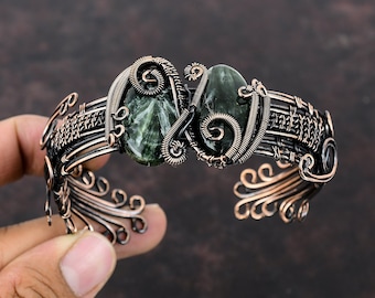 Seraphinite Bangle Copper Wire Wrapped Gemstone Jewelry Adjustable Bangle Handmade Jewelry Copper Cuff Bracelet Wire Wrapped Bangle For Gift