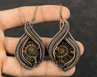 Ammonite Fossil Gemstone Earring Copper Wire Wrapped Jewelry Handmade Ethnic Earring Copper Wire Wrap Earrings Stylish Earrings Gift For Mom
