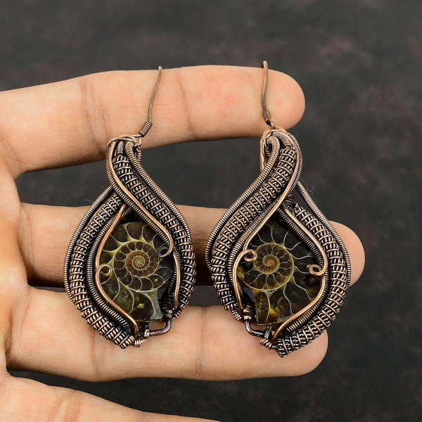 Ammonite Fossil Gemstone Earring Copper Wire Wrapped Jewelry Handmade Ethnic Earring Copper Wire Wrap Earrings Stylish Earrings Gift For Mom