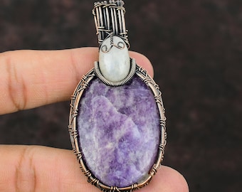 Colgante de lepidolita envuelto en alambre de cobre, piedra lunar arcoíris, joyería de piedras preciosas, regalo para mamá, joyería antigua de cobre, colgante hecho a mano para mujer