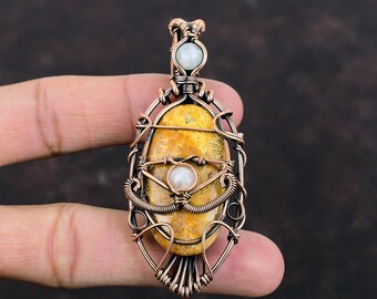 Colgante de coral fósil de mal de ojo, colgante envuelto en alambre de cobre, colgante de piedra lunar, joyería de cobre, colgante bohemio hecho a mano, joyería de piedras preciosas para regalo