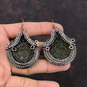 Moldavite Copper Earring Copper Wire Wrapped Earrings Handmade Earring Moldavite Jewelry Gift For Mom Gemstone Copper Jewelry Women Earrings