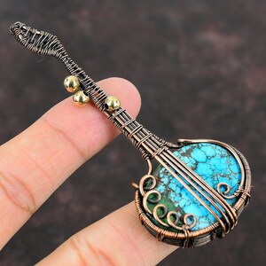 Tibetan Turquoise Pendant Copper Wire Wrapped Pendant Handmade Guitar Pendant Gift Turquoise Gemstone Long Jewelry Music Instrument Jewelry