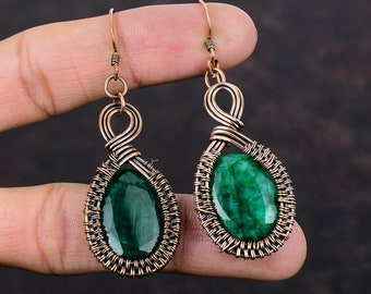 Faceted Zambian Emerald Earring Copper Wire Wrapped Earrings Gemstone Handmade Earrings Unique Copper Jewelry Wedding Gift Wire Wrap Jewelry