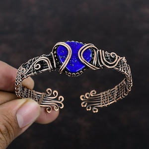 Lapis Lazuli Bangle Copper Wire Wrapped Adjustable Cuff Bracelet Natural Gemstone Bracelet Handmade Bangle Copper Wire Jewelry Gift For Wife
