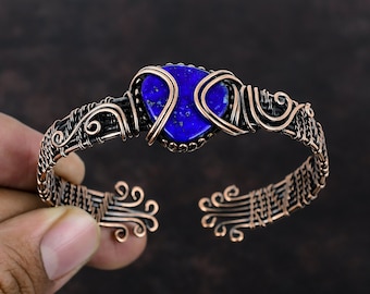 Lapis Lazuli Bangle Copper Wire Wrapped Adjustable Cuff Bracelet Natural Gemstone Bracelet Handmade Bangle Copper Wire Jewelry Gift For Wife