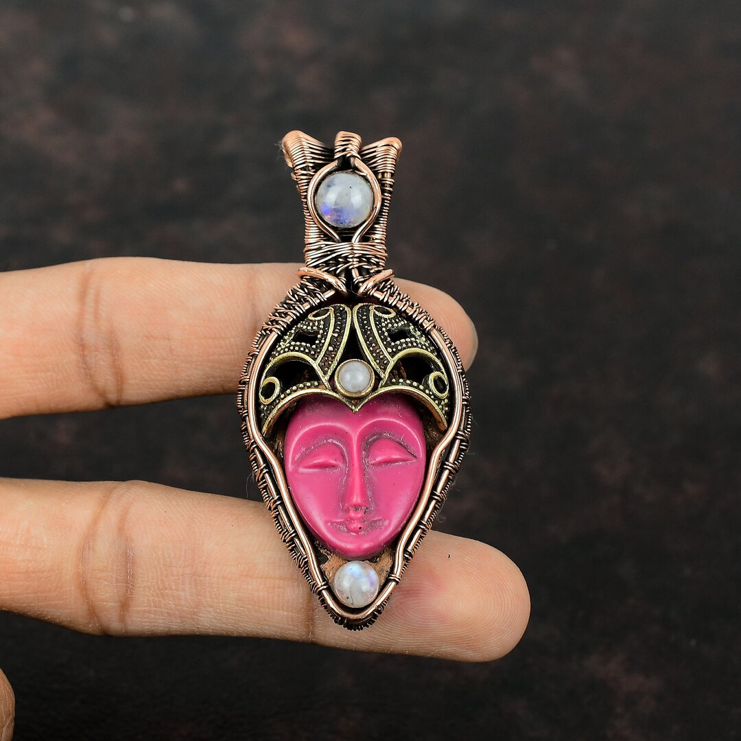 Pink Carved Bone Face Pendant Copper Wire Wrapped Pendant Rainbow Moonstone Pendant Gemstone