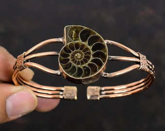 Ammonite Fossil Cuff Bracelet Copper Wire Wrapped Gemstone Bangle Adjustable Cuff Bracelet Handmade Stylish Bangle Copper Jewelry For Gifts