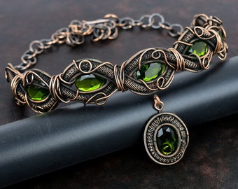 Faceted Peridot Necklace Copper Wire Wrapped Gemstone Necklace Adjustable Chain Necklace Copper Wire Jewelry Gifts For Her Handmade Necklace