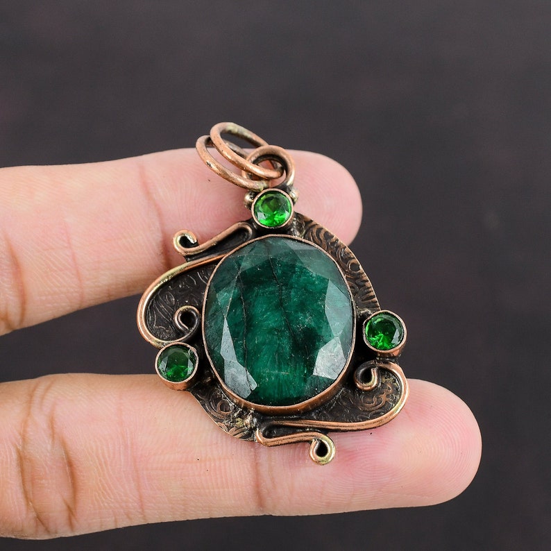 Faceted Zambian Emerald Pendant Chrome Diopside Pendant Copper Pendant ...