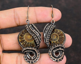 Ammonite Fossil Earring Copper Wire Wrapped Earring Handmade Jewelry Genuine Gemstone Earrings Latest Design Earring Copper Jewelry For Gift