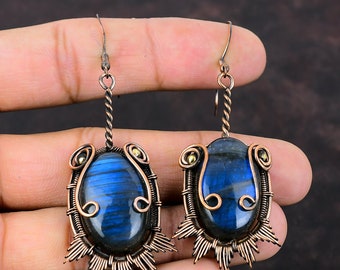 Labradorite Earring Copper Wire Wrapped Earring Dainty Gemstone Handmade Earrings Copper Wire Wrap Jewelry Gift For Women Birthstone Earring