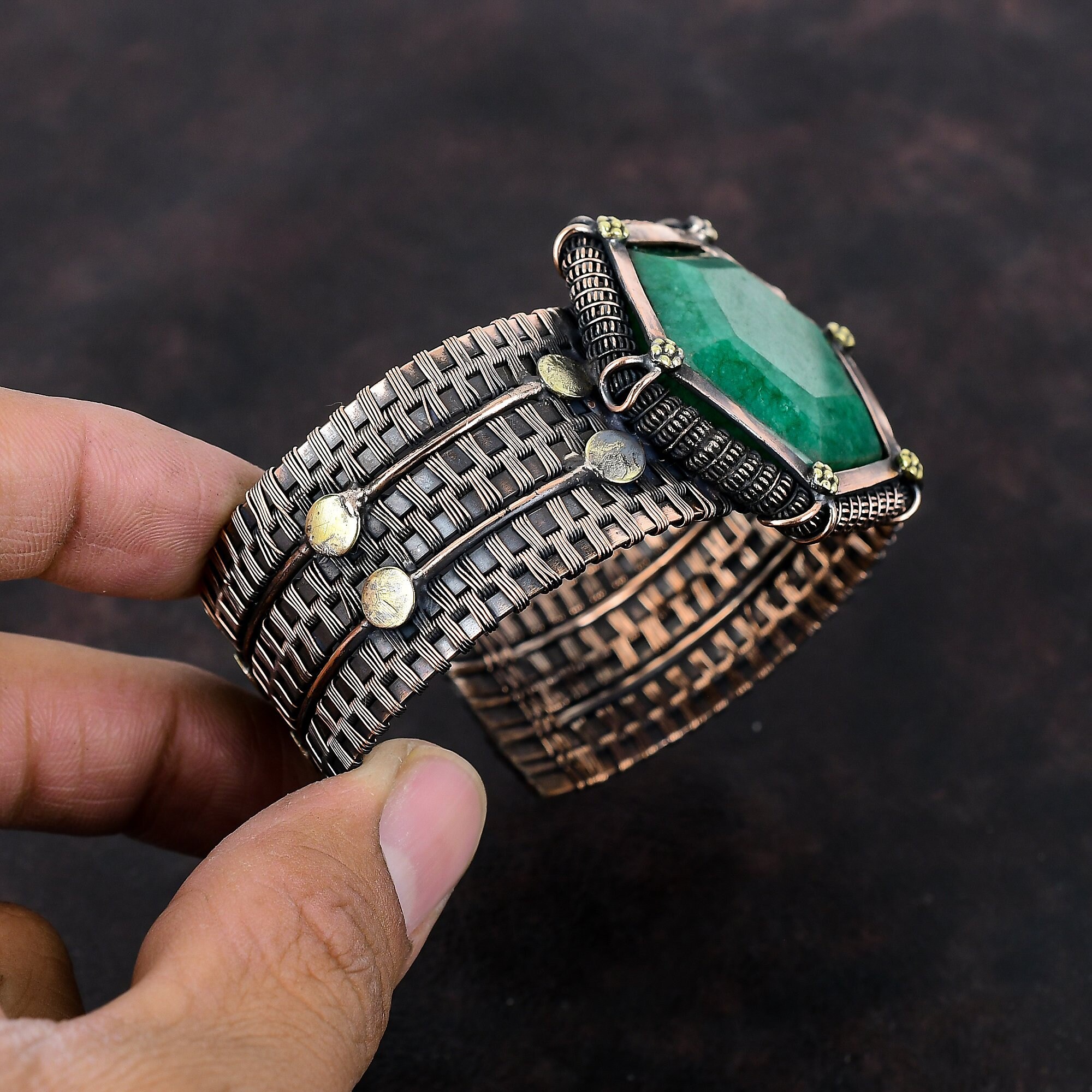 Faceted Zambian Emerald Bangle Copper Wire Wrapped Cuff Bracelet ...