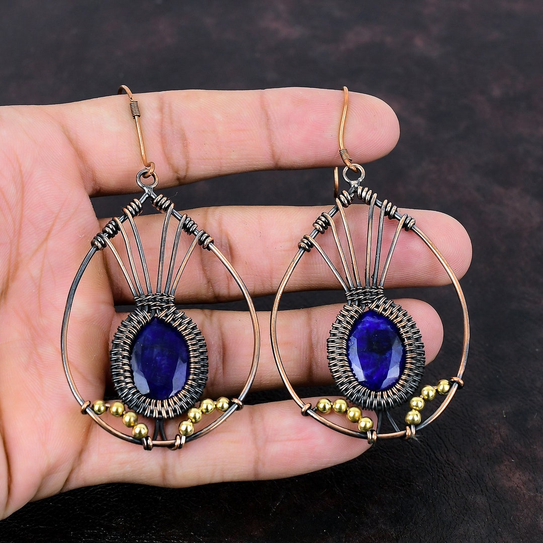 Faceted Blue Sapphire Earring Copper Wire Wrapped Earring Handmade Earring Gemstone Copper Wire