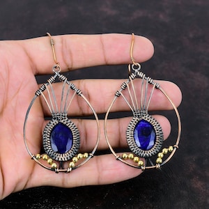 Faceted Blue Sapphire Earring Copper Wire Wrapped Earring Handmade Earring Gemstone Copper Wire Jewelry Ethnic Style Earring Engagement Gift