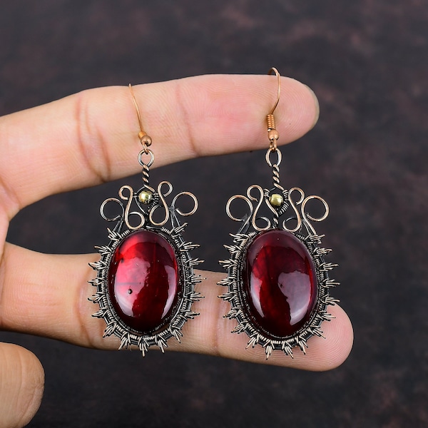 Red Fire Labradorite Earring Copper Wire Wrapped Earring Genuine Gemstone Earrings Copper Wire Jewelry Handmade Dangle Earring Wedding Gift